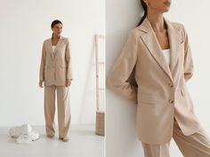 Masculine-cut single-breasted blazer and wide-leg Palazzo pants suit.  The jacket is straight, single-breasted, with shoulder pads, on a batiste lining, with side pockets. There is an inner pocket. Palazzo pants in a loose silhouette with a corsage ribbon, belt loops, hook, and zip fastening, and side pockets. MATERIAL: Natural linen with the addition of cotton: 90% linen, 10% cotton. COLOURS: Kelly Green, Beige, Black, Lemon, Hot Pink, White WE OFFER TO UNPACK SUIT IN DIFFERENT SIZES Blaze and Pants (see the Variations) SIZES-LENGTH: XS size: Blazer-65cm, Sleeves-60cm, Pants-108cm S size: Blazer-67cm, Sleeves-61cm, Pants-109cm M size: Blazer-69cm, Sleeves-62cm, Pants-111cm L size: Blazer-71cm, Sleeves-63cm, Pants-112cm (the length can very +- 0.5cm due to natural linen characteristics) We Classic Linen Pantsuit For Formal Occasions, Chic Linen Business Suits, Elegant Linen Pantsuit For Formal Occasions, Elegant Linen Pantsuit For Formal Events, Tailored Linen Pantsuit For Formal Occasions, Beige Notch Lapel Pantsuit For Work, Elegant Tailored Linen Pantsuit, Lapel Collar Linen Suit For Work, Linen Suit With Lapel Collar For Work