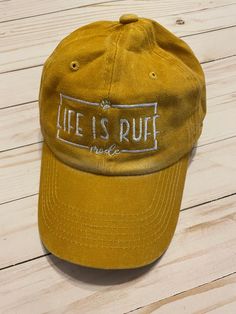 *Life Is Ruff embroidered design in white on a faded yellow color distressed hat. *Adjustable strap closure *Hand Wash Only *Adjustable hat: baseball caps come in one size, the strap at the back allows to adjustable to fit most sizes, classic design, great for women and men to wear *Wide application: vintage baseball hat is good for outdoor activities like walking, cycling, golfing, also great for attending sporting events, beach, pool or                    lake, and other outdoor events *Unstru Vintage Baseball Hats, Vintage Baseball Cap, Dad Style, Vintage Baseball Caps, Distressed Hat, Dad Fashion, Yellow Mustard, Vintage Baseball, Dog Paw