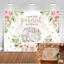 an elephant is sitting on the floor next to a wall with pink roses and stars