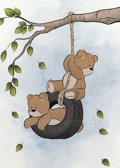 two teddy bears are sitting on a swing in the tree, one is holding onto another bear