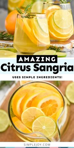 citrus sangria with lemons and rosemary garnish in glasses