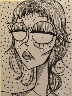 a drawing of a girl with glasses and hearts on her face, in black ink