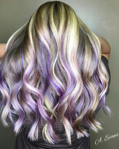 Purple With Blonde Highlights, Purple And Blonde Hair, Purple Highlights, Colored Highlights, Blonde Highlights, Wavy Hair, The Back, Blonde Hair, Highlights