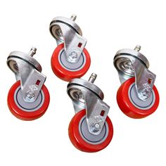 four red casteors with wheels on white background