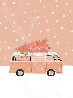 a van is parked in the snow with christmas trees on top and an orange background