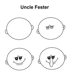 three faces with different expressions and the words uncle fester written in black ink on a white background