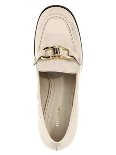 'Marlena' patent leather loafers with front metal logo, wide heels. Composition: 100% calfskin leather (Bos Taurus) Beige Loafers, Patent Loafers, Block Heel Loafers, Wide Heels, Patent Leather Loafers, Ferragamo Shoes, Loafer Sneakers, Leather Block Heels, Suede Loafers