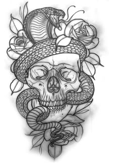 a drawing of a skull with a snake on it's head and roses in the background