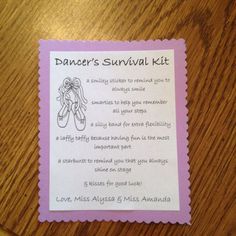 a paper sign that says dancer's survival kit