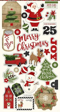 christmas stickers with santa claus and other holiday decorations on them, including the words merry christmas