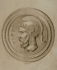 an ancient drawing of a man wearing a helmet