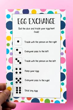 an egg exchange game is shown in front of a pink background with polka dot dots