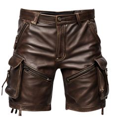 Rev up your style with these new men's leather cargo shorts! Made with real lambskin, these brown shorts are perfect for any biker, rocker, or retro enthusiast. The fringe and zipper accents add a touch of punk and the cargo pockets provide functionality. Available in XS to 3XL sizes, these shorts are handmade in Pakistan and feature an adjustable waist for the perfect fit. Get ready to hit the road in style! 🏍️🤘 #LeatherShorts #CargoShorts #BikerStyle #RockerChic #VintageFashion #BohemianVibe Men’s Cargo Shorts, Guys Motorcycle, Leather Outfit Men, Brown Leather Shorts, Leather Pants Outfit Night, Biker Clothes, Bermuda Shorts Outfit, Bike Shorts Outfit, Punk Shorts