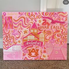 Auburn Preppy Art, Auburn Canvas Art, Preppy Dorm Room Paintings, Pink And Orange Painting Preppy, Auburn University Preppy, Sorority House Painting, College Paintings Dorm Room, College Town Canvas Paintings, College Aesthetic Painting