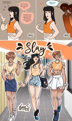 two cartoon girls walking down a hallway with text above them that reads slay, and the