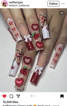 Red And White Acrylic Nails Designs, White French Tip With Red Design, French Tip Nails Cherry, Red And White French Tip, White And Red Nails, Red Cherry Nails, Ibiza Nails, Glittery Acrylic Nails, White French Tip Nails