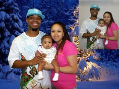 a man and woman holding a baby in front of a christmas tree