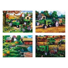 four pictures of farm animals and tractors