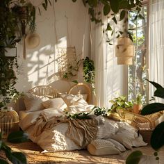 an unmade bed is surrounded by plants and wicker baskets on the floor in front of a window