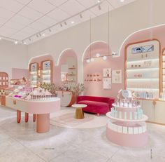 the interior of a beauty store with pink walls and white floors, decorated in pastel colors