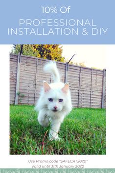 a white cat is running through the grass with text that reads 10 % off professional installation & diy