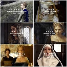 many different pictures of women in medieval dress and with the names of their respective characters