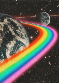 an image of the earth with a rainbow line going through it and two planets in the background