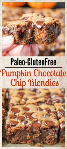 palen gluten free pumpkin chocolate chip blondies are stacked on top of each other