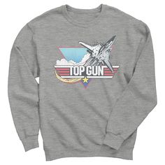 Do you have what it takes to claim the Top Gun Trophy? Then suit up and get ready to join the most elite Navy pilots around like Maverick and Iceman with this officially licensed Top Gun Jet Logo Men's Graphic Crewneck Sweatshirt! Dress in style and rep your favorite aviator movie with this design that features the Top Gun logo and a fighter jet with a large jet stream coming out of the back. Color: athletic heather. Gender: male. Age Group: adult. Pattern: Airplane. Material: Cotton. Maverick And Iceman, Aviator Movie, Jet Stream, Logo Sweatshirt, Mile High, Suit Up, Tom Cruise, Graphic Crewneck Sweatshirt, Mens Crew Neck