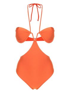 burnt orange stretch-design metallic finish cut-out detailing logo charm halterneck tie fastening Be mindful to try on swimwear over your own garments. Orange Halter Neck Swimwear For Party, Chic Orange Swimwear For Party, Chic Orange Swimwear For Swimming, Chic Orange Party Swimwear, Chic Orange Swimwear, Swimsuit Orange, Adriana Degreas, Orange Swimsuit, Detailing Logo