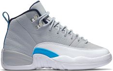 Check out the Jordan 12 Retro Grey University Blue (GS) available on @StockX Gray And White Jordans, Jordan High Heels, Best Golf Shoes, Walking In High Heels, Air Jordan 12, Shoes Sneakers Jordans, Air Jordan 12 Retro, Jordan 12 Retro, Jordan 12