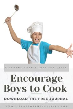 a young boy wearing an apron and chef's hat holding a ladle