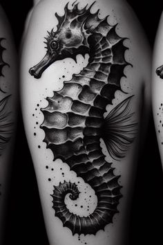 three black and white tattoos with seahorses on their thighs, one is in the middle