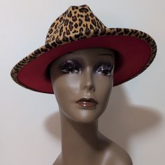 Fashion Leopard Print Hat With Plastic Chain Hat Band, Solid Red Lining, Adjustable Ribbons In The Back. One Size Fits Most. Leopard Print Hat, Solid Red, Hat Band, Black Tan, Black And Tan, Accessories Hats, Leopard Print, Women Accessories, Band