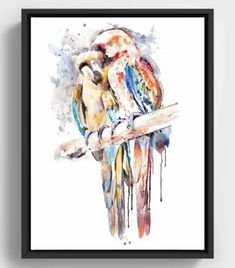 a painting of two colorful birds sitting on a branch in front of a white wall