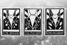 three black and white posters with the words the healther, the pulsher, and the historian