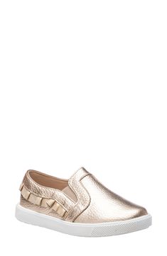 Ruffled edging and a high-shine finish give a darling look to this slip-on sneaker that keeps her comfy with a cushioned footbed. Style Name:Elephantito Ruffle Slip-On Sneaker (Toddler, Little Kid & Big Kid). Style Number: 6240785. Gold Slip-on Sneakers With Rubber Sole, Chic Slip-on Sneakers With Perforated Toe Box, Spring Slip-on Sneakers With Studded Outsoles, Chic Slip-on Sneakers With Round Toe, Gold Slip-on Sneakers For Spring, Chic Slip-on Sneakers With Textured Sole, Gold Spring Slip-ons, Gold Slip-on Sneakers With Cushioned Footbed, Girls Shoes Sneakers