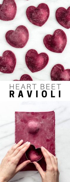 someone is making heart - shaped ravioli out of felt and then it's cut into smaller hearts