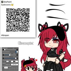 an anime character with long red hair and black cats on her head, next to a qr code