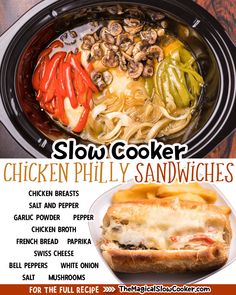 the slow cooker chicken philly sandwiches recipe is ready to be eaten and served