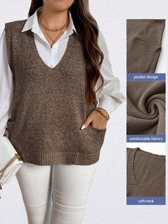 Plus Size Women's Solid Color Simple Sleeveless Knit Sweater Vest Coffee Brown Casual   Fabric Plain  Medium Stretch  Women Plus Clothing, size features are:Bust: ,Length: ,Sleeve Length: Plus Size Pullover, Knit Sweater Vest, Sleeveless Knit, Slim Fit Top, Couple Matching, Elegant Dresses Long, Plus Size Sweaters, Coffee Brown, Casual Sweaters