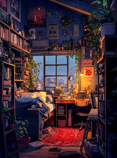 an image of a room with plants in the window and bookshelves on the wall