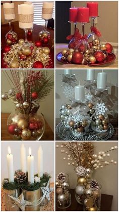 christmas decorations and candles are arranged in different pictures, including one for the centerpiece