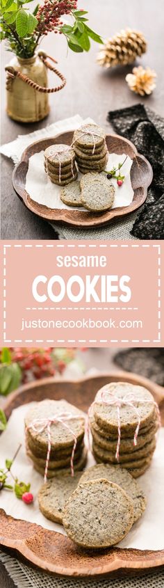 cookies on a plate with flowers in the background and text overlay that reads sesame cookies