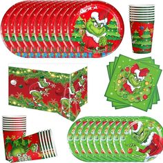 christmas party supplies including plates, napkins and cups