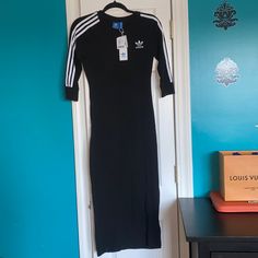 Black/White Brand New With Tags Never Worn Stretchy Midi Length Adidas Black Summer Dresses, Adidas Short Sleeve Spring Dresses, Adidas Short Sleeve Dresses, Adidas White Dress For Spring, White Adidas Dress For Spring, White Casual Adidas Dress, Adidas 3 Stripes, Adidas Dress, Stripes Dress