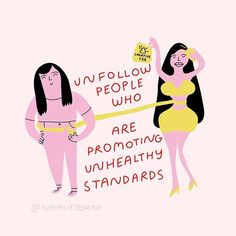 two women in pink dresses are measuring their waists and the words, unfollow people who are promoting unhealthy standards