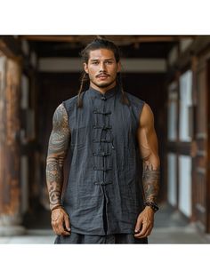 Men Linen Shirts, Retro Casual Linen Vest With Stand Collar Sleeveless T-shirt Chinese Style Sleeveless Cardigan Men Linen Shirt, Linen Vest, Linen Shirts, Sleeveless Cardigan, Sleeveless Tshirt, Linen Shirt, Chinese Style, Stand Collar, T-shirt