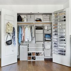 an organized closet with clothes, shoes and other items in it's storage area