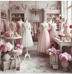 a room filled with lots of pink flowers and dresses on mannequin's